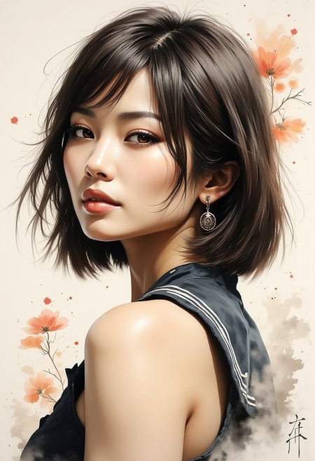 A dinkfsn style ink wash painting,  breathtaking detailed, masterpiece, awe-inspiring, radiant, magnificent, head and shoulder portrait of beautiful oriental woman, straight-cut bob, bangs, earrings, sailor blouse, turning to look at viewer, direct sensual gaze