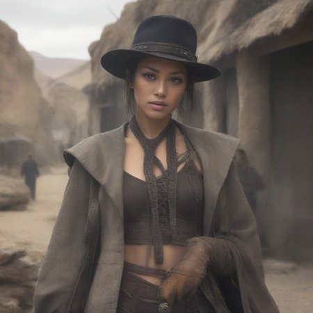 ((masterpiece, best quality, highly detailed)), cowboy shot, an asian woman, stunning looks, demobaza, demobaza, The Hateful Eight film style, ((tall hat:1.3)), ((holstered guns, (((holding guns))), six shooter in each hand, pointing at viewer, rifle in both hands:1.5)), (wearing western gunfighter clothes, shirt, pants, black boots,) in  wild western town, desert background, lantern lights, short hair, brown eyes, demobaza, indian style, wild western