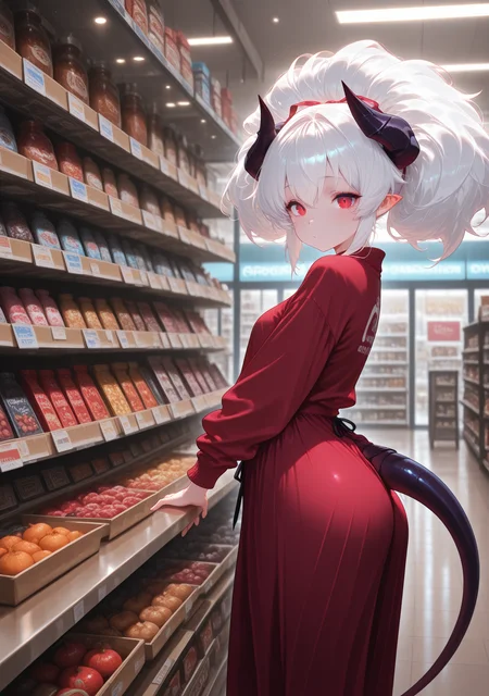 masterpiece,best quality,amazing quality,
<lora:svevsty:1>,svevsty,
1girl,tail,white hair,demon girl,looking at viewer,big hair,shop,