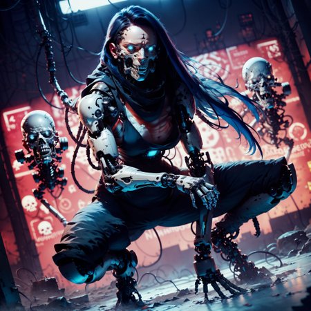 (score_9, score_8_up, score_7_up), (neon lights, cypberpunk city, science laboratory,  thick lineart, sharp edges), zPDXL
BREAK
dutch angle, full body, solo,  1women, blue eyes,  long  hair, blue  hair, smug grin,  (ghost,  wraith, spectre, transparent, glowing:,  mask respirator,   female focus, robot, cyborg , android, mechanical arms, cyborg, robot joints, mechanical parts, tube, spine, cybernetic neck, bionic torso, bionic skin), looking at viewer,
BREAK
grim, dark atmospher,  science fiction,
<lora:BioPunky:0.8>  <lora:Concept Art Twilight Style SDXL_LoRA_Pony Diffusion V6 XL:0.8> <lora:Bad_Hands_lora:0.8> <lora:add-detail-xl:0.8> <lora:sinfully_stylish_PONY_0.2:0.8>