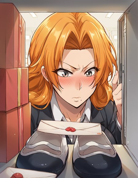 score_9, score_8_up, score_7_up, source_anime, <lora:rangiku-matsumoto-anime-ponyxl-lora-nochekaiser:1>, rangiku matsumoto, long hair, grey eyes, orange hair, mole, mole under mouth, parted bangs, large breasts, <lora:shoe-locker-pov-ponyxl-lora-nochekaiser:1> shoe locker pov, locker, letter, school, gift box, unworn shoes, blush,, ,