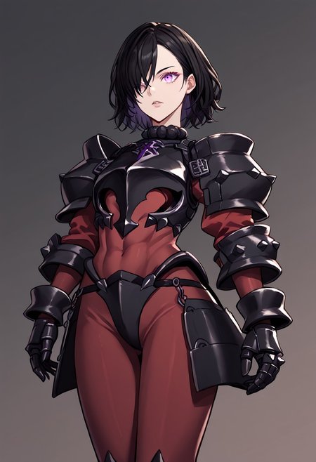 score_9, score_8_up, score_7_up, score_6_up, score_5_up, score_4_up, source_anime, solo, 1girl, 
berengaria, black hair, short hair, purple eyes, hair over one eye, maroon bodysuit, long sleeves, black armor, gauntlets, 
masterpiece, best quality, very aesthetic, absurdres,