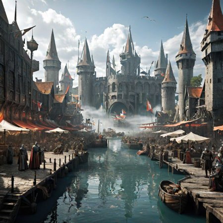 bright fantasy big dock in a huge medieval fantasy metropolis, crowded