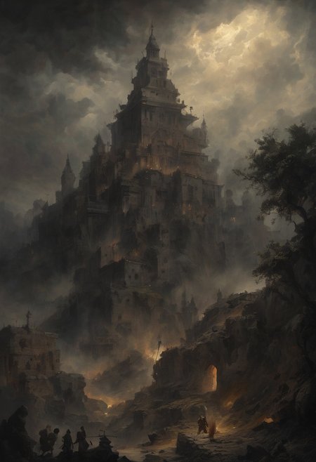 ((dark Renaissance by Bartolome Murillo)) ((ancient city Dark fantasy. Conan, a barbarian fighting with the god of demons. pointed spear-shaped turrets, parts of the structure tend upward) tragic scene, dark clouds, half-turned look at the viewer, ((in the style of Bartolome Murillo Murillo)), dark Renaissance, gradient of aged yellowed canvas, ((best quality, masterpiece)), (higher detail right), impressionism: 1.1, 8k