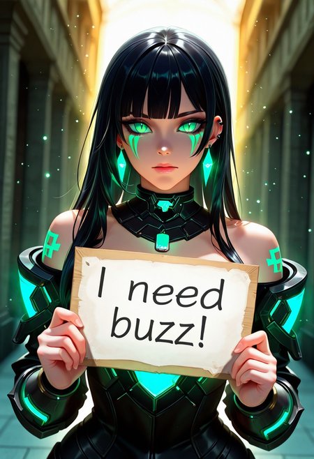source_anime, masterpiece, good quality, best quality, ultra detailed, best illustration, high quality, absurd, detailed background, highly aesthetic, highly detailed, high resolution, facial focus, cinematic, epic, official, perfect anatomy, 1girl, solo, long hair, breasts, looking at viewer, green eyes, black hair, straight hair , need_buzz, holding sign , close mouth, jewelry, bare shoulders, upper body, earrings, blunt bangs, necklace, collar, head tilt, tattoo, glowing, piercing, facial mark, ear piercing, slit pupils, glowing eyes, bodypaint, black armor, thin waist, large hips, rising particles, glowing particles, depth of field ,dutch angle, blurry background, glowing light particles, depth of field,Smooth Quality