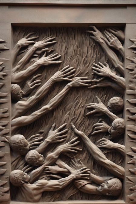 <lora:BAS-RELIEF:1>BAS-RELIEF - Bas-relief of people reaching for the fire, a wall in the city of dystopia