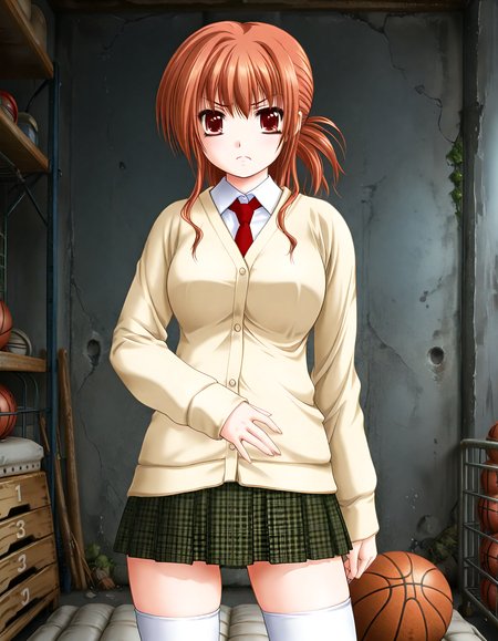 (1girl, solo:1.3), (2girls, 3girls, 4girls, multiple girls, 2boys, 3boys, 4boys, multiple boys:-1.5) <lora:Kazuyagi_Akane_Gore_Screaming_Show_Illustrious:0.9>, Kazuyagi_Akane, large breasts, red eyes, brown eyes, brown hair, long hair, low ponytail, school uniform, cardigan, long sleeves, white shirt, red necktie, pleated skirt, plaid skirt, checkered skirt, white legwear, (pout:0.7), open eyes, general, contrapposto, dynamic pose, , portrait, straight-on, from below, , , indoors, gym storeroom, dark room, messy room, concrete, (gray theme:1.3), one basketball \(object\), piled mattress, (window:-2.0), flashing, <lora:NOOB_EPSv1_1_detailer_by_vlnvk_v1_0:1.5>, (photo background:0.7), night, (tachibana yuu:0.6), inue shinsuke, (kazuma muramasa:0.0), saikawa yusa, (aoi manabu:0.6), abarerumidori, (suzui narumi:0.6), masterpiece, newest, absurdres, 8K, anime screenshot, anime coloring, flat color, official art, film grain, <lora:illustriousXLv01_stabilizer_v1.185c:0.7>, <lora:LECO_Solo:-4.0>,