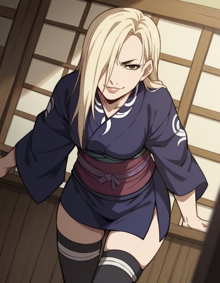 score_9, score_8_up, score_7_up, source_anime, <lora:hyakurin-s1-ponyxl-lora-nochekaiser:1>, hyakurin, long hair, blonde hair, hair over one eye, brown eyes, lips,, thighhighs, japanese clothes, black thighhighs, kimono, sash, indoors, bent over, smile, smug, looking at viewer, solo,, cowboy shot, dutch angle