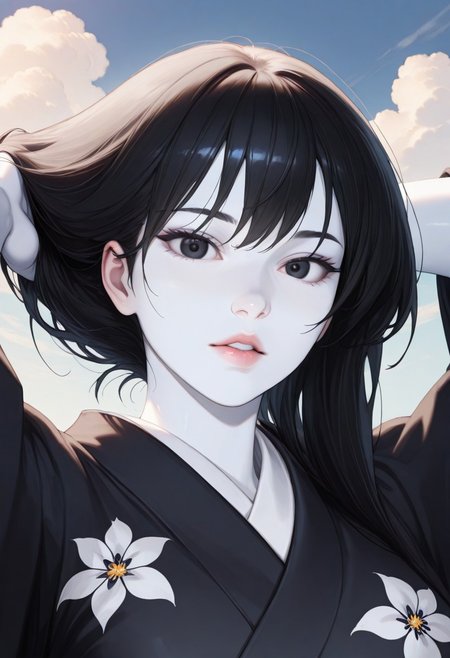 1girl, sky, black hair, long hair, masterpiece, black eyes, Yuki-Onna, colored skin, (white skin:1.3), parted lips, looking at viewer, kimono, black kimono, floral print, outdoors, arms behind head, adjusting hair, cloud, volumetric lighting, blue sky, portrait, upper body, animated nightmare style