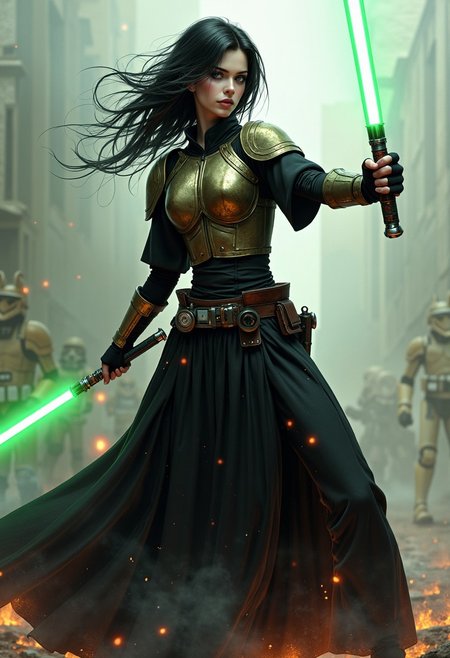 Illustration combining oil-canvas and semi-realistic comic-book style image with a Star Wars theme, star wars style, mythp0rt, Pale skin tone, dynamic, woman. The main subject of the image is a beautiful French woman in her 30s. She is a goth girl with very pale skin, with messy black hair, blue eyes, high cheekbones, and full rosy lips. She has one beauty mark mole beside her mouth. She has smokey eyeshadow. She is wearing a sci-fi bronze raiment of armor including a breastplate. She is wearing long black robes, leather boots, bracers, belt, featuring a long skirt. She is attacking with a green lightsaber in a glamorous pose, stretching in such a way that it demonstrates sensual physicality, at unique angles. She is standing on a dramatic battlefield, occluded with smoke and dust. Sharp Focus, Volumetric Lighting, Realistic Shading, Octane Render, Realistic, professional, 4k, highly detailed,, portrait photography, capturing emotion, personality, flattering lighting, professional, engaging, compelling composition.