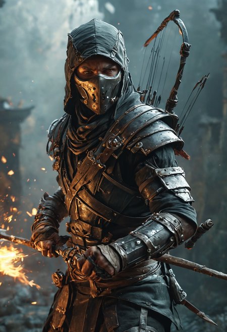 ultra-detailed mid-shot of a mortal kombat medieval rogue with a prometheus bow with fire arrows, ninja mask, archery stance, medieval history, highly detailed, sparks of fire, dramatic lightning, photorealistic, 16k <lora:add-detail-xl:1>  <lora:MJ52:0.5>