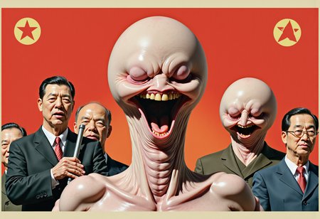 North Korean Juche Socialist propaganda, a scrotal-base long-neck evil PeenKin with glans head Photorealistic, Hyperrealistic, Hyperdetailed, analog style, soft lighting, subsurface scattering, realistic, heavy shadow, masterpiece, best quality, ultra realistic, 8k, golden ratio, Intricate, High Detail, film photography, soft focus, inspired by the workers, conceived by the Mount Paektu bloodline