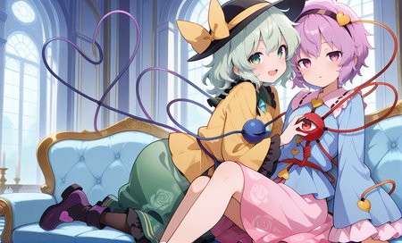 absurdres, highres, masterpiece, best quality, amazing quality, official anime artwork, screencap, anime screencap, indoors, palace, dark, checkered floor, marble, columns, sofa, dynamic pose, looking at viewer, 2girls, lying on sofa, sofa, 
 <lora:Komeiji-Koishi_illustrious:1> komeiji koishi, 1girl, third eye, eyeball, heart of string, green hair, green eyes,, yellow shirt, black hat, frilled sleeves, frilled shirt collar, wide sleeves, hat bow, green skirt, yellow bow, hat ribbon, diamond button, yellow ribbon, open mouth, smile,
<lora:Komeiji-Satori_illustrious:1> komeiji satori, 1girl, pink eyes, third eye, pink hair,, hairband, blue shirt, frilled shirt collar, frilled sleeves, pink skirt, blush,