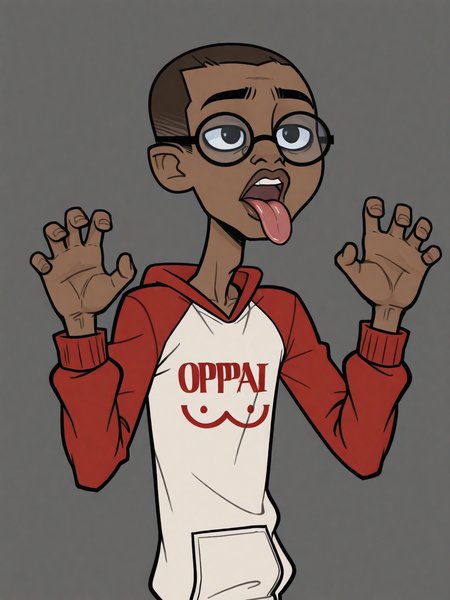 CameronTDROTI, 1boy,solo, dark skinned male, slim, skinny, brown hair shaved in a crewcut, black eyes, black round frame glasses,oppai hoodie, hoodie, raglan sleeves, clothes writing, lips, big lips,claw pose,upper body,stick out tongue,<lora:Cameron:0.8>,<lora:Oppai Hoodie:1.0>