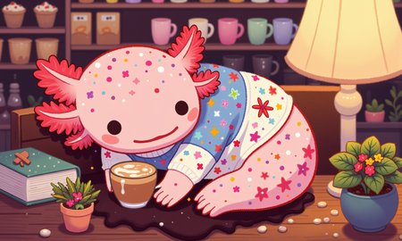 pikaole, axolotl, high-angle shot of a pink axolotl curled up in a booth in a little corner cafÃ©, dressed in a soft knit sweater and holding a warm chai latte with cinnamon on top; its frilly gills are relaxed, and its round black eyes are half-closed as it enjoys the calming aroma; tiny potted plants, a soft lamp, and a stack of books add detail, while the tilt-shift effect softly blurs the background of shelves lined with pastries and coffee mugs, creating an inviting, quiet moment in the cozy cafÃ©, happy axolotls<lora:Axomodel_Flux_V1.1.safetensors:0.85:0.85> <lora:Pikaole v2 (FLUX)_v2_E6.safetensors:0.75:0.75>