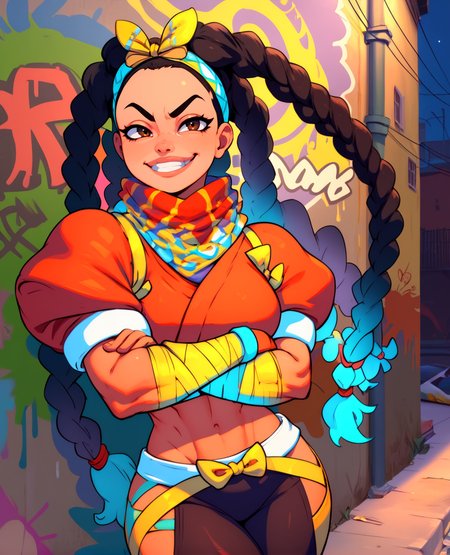 score_9,score_8_up,score_7_up,
kimberlyxl,black hair,brown eyes,long braids,two-tone hair,crossed arms,
bow hairband,red shirt,puffy short sleeves,midriff,arm wrap,black hip vent,scarf,black legwear,
leaning against wall,smug,
night,graffiti,urban,alley,wall,
looking at viewer,grin,
<lora:KimberlySF6:1>,