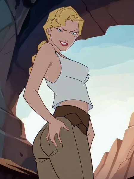score_9, score_8_up, score_7_up, 1girl, cavern, rocks, sky, detailed background, from side, ass focus, ass grab, sexy pose, cowboy shot, (dynamic pose:1.1), dynamic angle, light smile, from below, navel,
 <lora:HelgaSinclair_character:1>,HelgaXLP, blue eyes, blonde hair, single braid, mole under eye, lipstick, white shirt, belt, brown pants, no bra, tank top, anime screencap, big ass,