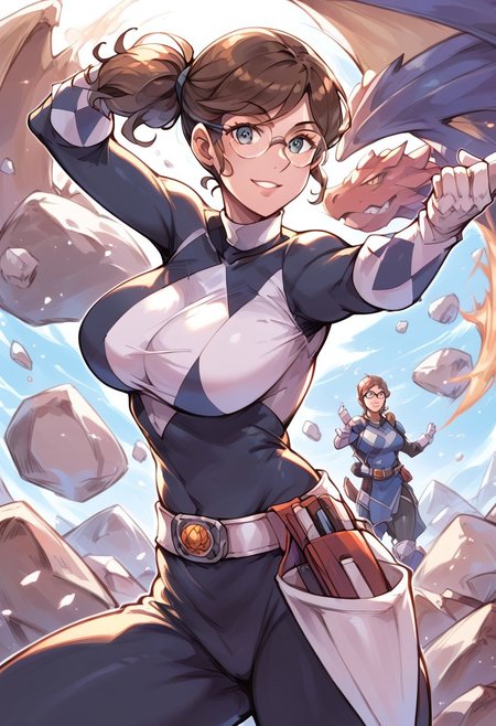 score_9, score_8_up, 1girl, masterpiece, beautiful
Davidsm, glasses, brown hair, tied pigtail, smile, seductive look,
, black power ranger, black bodysuit, white gloves, big breasts, looking at viewer, rock quarry, dynamic pose, cowboy shot, dragonshield,