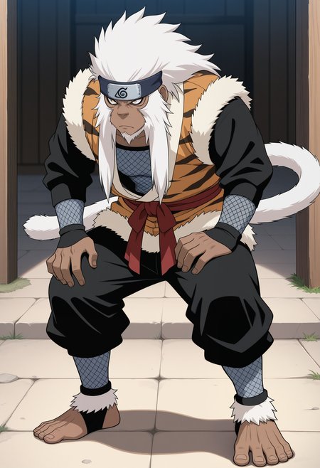 masterpiece,best quality,amazing quality, 1boy, solo, 3nm4, monkey boy, white hair, dark skin, white fur, forehead protector, konohagakure symbol, orange fur-trimmed shirt, white fur trim, black arm sleeves, fishnet top, fishnet sleeves, red sash, black pants, fishnet leg sleeves, white tail, full body,