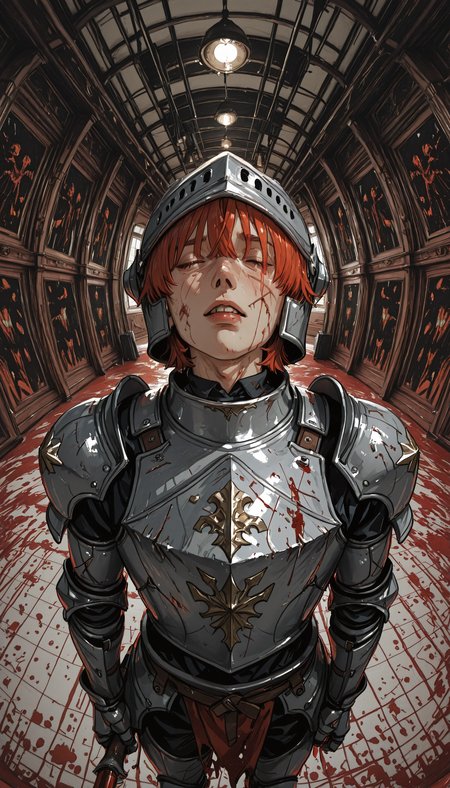 (JJ-Illu, re4lity_sync_illu,  fisheye, foreshortening, scenery, photo background, sketch, abstract_background, abstract_colors, guide_lines, bad_quality, traditional_media) 
solo, short_hair, open_mouth, bangs, eyebrows_visible_through_hair, photoshop_(medium), red_eyes, shirt, 1boy, original, holding, closed_eyes, upper_body, heart, male_focus, red_hair, one_eye_closed, parted_lips, teeth,  armor, lips, english_text, torn_clothes, blood, cover, scar, helmet, cover_page, shoulder_armor, scar_on_face, pauldrons, injury, breastplate, blood_on_face, blood_on_clothes, knight, blood_splatter, helmet_removed, scratches