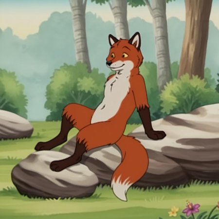 score_9, score_8_up, score_7_up, score_6_up, score_5_up, score_4_up, source_furry, foxfrnkln, semi-anthro, male, fox, red-orange fur, yellow sclera, black eyes, solo, outdoors, nature, grass, forest, smile, day, flower, sitting, on a rock, leaning back, full body,