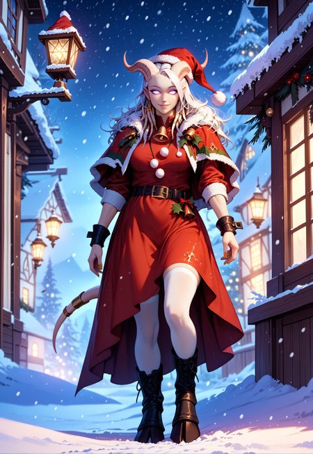 (absurdres, best quality, masterpiece:1.4), score_9, score_8_up, score_7_up, score_6_up, detailed, detailed body, detailed face, world of warcraft, fantasy, <lora:add-detail-xl:1.5>, 

fFaceDetail, ((female, draenei, tall, athletic arms, pale white skin, long white hair, purple eyes, no sclera, long white tail), (h0rns, ram horns, white horns), 
(long fingers, gold fingernails, gold nail polish)), 

alone, upper body, standing, looking toward viewer, soft smile, holding a present towards the viewer, 

Red santa dress with a white fur trim, red santa hat with a white fur trim, black belt with a gold buckle, black knee high boots, White thigh high socks

depth of field, evening, outdoor, harbour, snowing, light snow