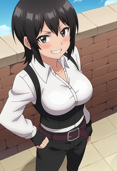 score_9, score_7_up, hd, (ultra hd quality details), source_anime, outdoors, blue sky, wall,
solo, 1girl, black hair, elnakakushi, medium breasts, anime screencap,
white shirt, long sleeves, collared shirt, black vest, black gloves, fingerless gloves, belt, black pants,
looking at viewer, blush, smug, teeth, from above,
standing, hand on own hip,
<lora:_elna_stongs-elesico-ponyv2-rev4:1>
