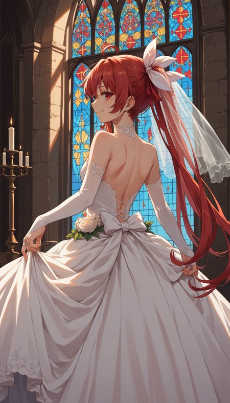 score_9, score_8_up, score_7_up, source_anime, 
smile dress, bridal gauntlets, back, nape, strapless dress, wedding dress, white dress, simple background, indoor, church
 <lora:Itsuka Kotori :1> 1girl, red hair, red eyes, ahoge, twintails, hair ribbon, long hair
