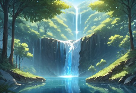 (masterpiece), best quality, Symphtia-Style, Anime, Illustration, (One Tree, Crystal, Reflection), Detailed Background, No Humans, (Light Refraction), Symphtia-Style, Zyrnox-Exoterra Style, Natural Lighting, Waterfall, Water