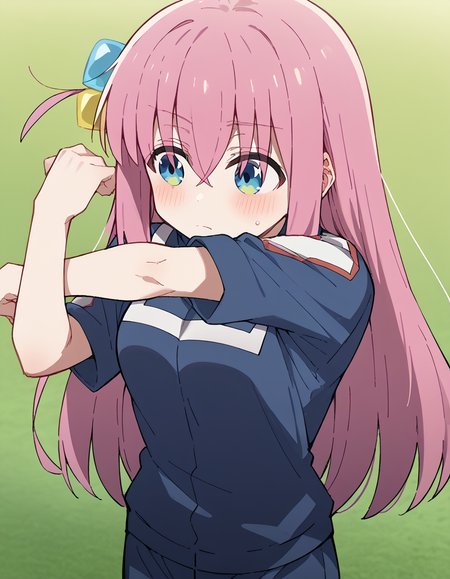 score_9, score_8_up, score_7_up, source_anime, hitorigotou, <lora:hitori-gotou-s1-ponyxl-lora-nochekaiser:1>, hitori gotou, blue eyes, cube hair ornament, hair between eyes, hair ornament, pink hair, one side up, long hair, medium breasts,, <lora:ua-gym-uniform-ponyxl-lora-nochekaiser:1> ua gym uniform, u.a. gym uniform, blue track suit, blue pants, blue shirt, short sleeves,, blush, track and field, <lora:cross-body-stretch-ponyxl-lora-nochekaiser:1> cross-body stretch, stretching, arm across chest, exercising,, cowboy shot,