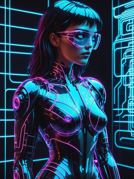 cyberpunk woman, Jed-Jly, Jed-CyFut, Futuristic, Neon, mad-cyberspace, cyberpunk, scifi, 1980s, retro, grid  <lora:JellyStyle:0.8>    <lora:CyberFuturisticStyle:0.6>  <lora:Neon_Cyberpunk_SDXL_-_Cyberspace:0.8>, (masterpiece:1.2), best quality