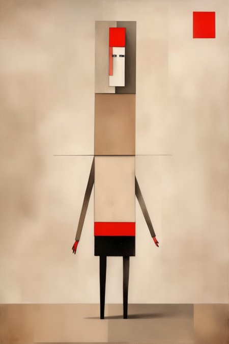 <lora:Gabriel Pacheco Style:1>Gabriel Pacheco Style - suprematism painting of a woman-like creature who travels the world to run away from her problems and face the people she knows in Warsaw with muted colors