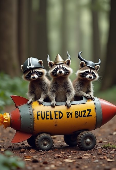 Three incredibly cute raccoons, one wearing a football helmet, another wearing a Viking helmet, and another wearing a bicycle helmet, sitting in a fat rocket pointed up at a 60 degree angle with the words “FUELED BY BUZZ” painted by hand in beautiful script on the side on a makeshift launchpad in the middle of a redwood forest.