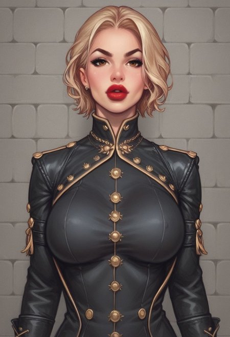 from front, (((front view))), 1girl, illustration, comic style, looking at viewer, highly detailed,
(((front view)))
In a gritty, noir-inspired urban setting bathed in the harsh glow of neon lights, K4TH3R1N3, a striking woman with platinum blonde hair cascading down her back, stands against the cold brick wall of an abandoned warehouse. Her piercing brown eyes are parted, revealing a hint of red lipstick-stained lips as she gazes directly at the viewer, challenging and intriguing in equal measure. The camera angle is low, casting her figure in sharp relief, with the dramatic shadows emphasizing the high collar of her unique outfit: a tailored trench coat made from a shimmering material that catches the light, adorned with intricate, steampunk-inspired metal accents. ((dynamic pose))
((full-clothed)),
BREAK 
dynamic pose <lora:Cherry-Gig:0.55> ((((full-clothed)))), 
BREAK
((dark room background))) score_9, score_8_up, score_7_up, score_6_up, source_cartoon, rating_explicit, Expressiveh, (((((upper body))))), dynamic pose