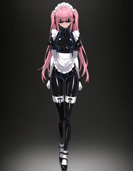 masterpiece,best quality,amazing quality,very aesthetic,high resolution,ultra detailed,perfect details,
<lora:mai_aigis_blue:1>,
mai_maid,1girl,solo,long_hair,breasts,simple_background,gloves,dress,thighhighs,twintails,medium_breasts,standing,full_body,pink_hair,shoes,puffy_sleeves,elbow_gloves,white_gloves,blunt_bangs,black_footwear,apron,maid,maid_headdress,black_background,maid_apron,white skin_tight,mary_janes,shiny_clothes,hair_over_eyes,covered_eyes,latex,latex_bodysuit,
standing,full body,