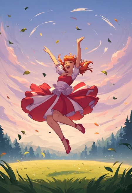 score_9, score_8_up, score_8, rating_safe, 1girl, dancing, standing in the eye of a tornado, grass and trees swaying to the wind, she controls the wind, ((tornado)), wind whipping around her, dress , wide field of view,  wind effects, leaves floating around her, jumping, flying,