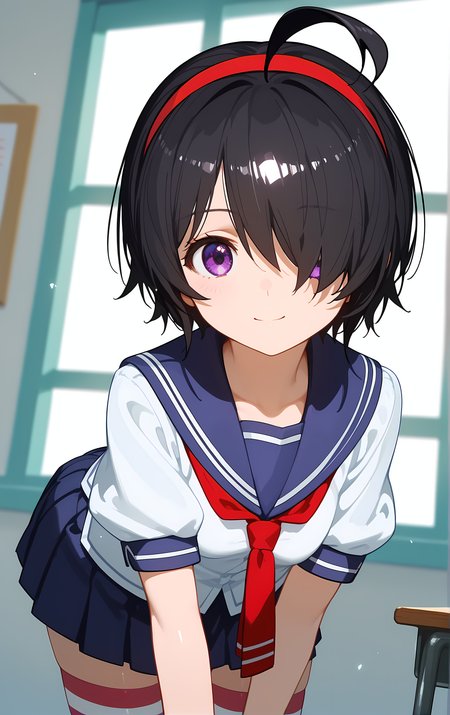(score_9, score_8_up, score_7_up), standing, leaning forward, looking at viewer, light smile, closed mouth, shiny skin, tight clothes,
ohwx, 1girl, solo, purple eyes, black_hair, hairband, short_hair, hair_over_one_eye, ahoge, red_hairband,
school_uniform, thighhighs, striped_clothes, striped_thighhighs, serafuku, skirt, zettai_ryouiki,
window, sunlight, classroom,
blurry, cowboy shot, dutch angle, close-up,
 <lora:kimi_sato_pony_ss:0.9>