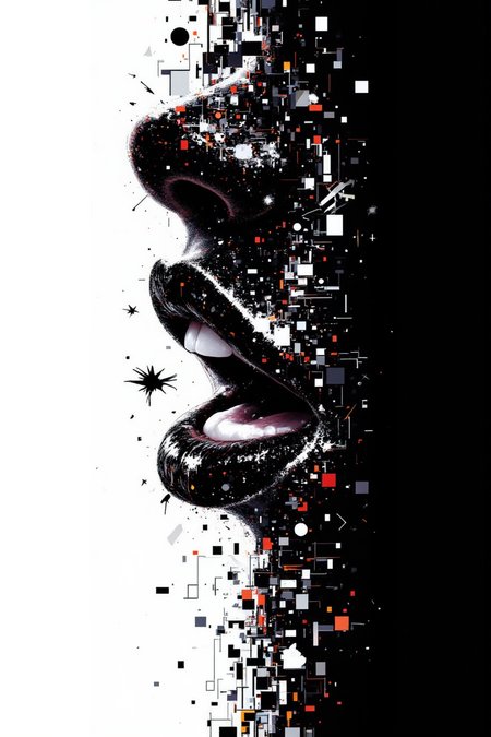 aidmafluxpro1.1.
Silhouette of lips, mouth slightly open with visible teeth, minimalist style, black and white, glitch art in the style of a halftone print artwork