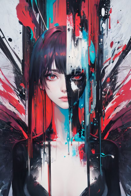 (masterpiece, best quality, ultra high res:1.2), 1girl, (abstract art:1.3), half demon