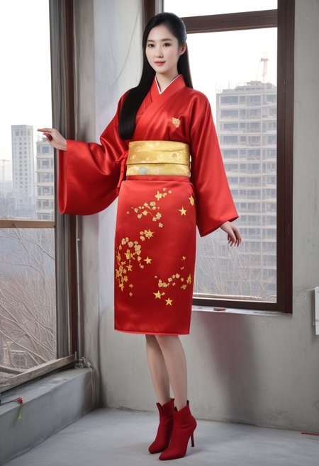 FOTOREALISTIC, long_straight black hair, beautiful chinese_lady, tall, huge_breasts, red_chinese_kimono_with_yellow_stars, apartment_under_construction, tools, building_material, background window_Beijing, sexy_red_boots, score_9, score_8_up, score_7_up, score_6_up, score_5_up, score_4_up, UHD, 8K, masterpiece, ultra-realistic, Ultra detailed photorealistic background, photoreal, realistic high detailed beautiful face, anatomic correct bodies, ultra_high_resolution, Extremely Realistic, lots of detail, full_body_visible, emty_hands, hands_hidden, high_heels.