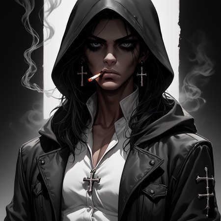 core_9, score_8_up, score_7_up, score_6_up,  <lora:Ars_Niji_Style_Pony:1> ArsNijiStyle, Soul Reaper, The image is a digital illustration of a young woman with long dark hair and a hooded cloak. She is holding a sword in her right hand and a cigarette in her mouth. The woman is wearing a white shirt and a black jacket with a hood. She has a serious expression on her face and is looking off to the side. The background is black and white giving the image a dark and ominous feel. The overall mood of the image is dark and mysterious., jewelry, black hair, 1boy, weapon, cigarette, solo, earrings, male focus, cross, smoking