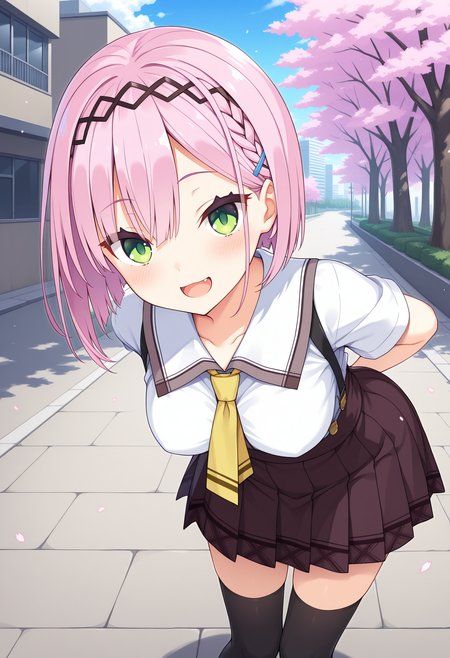 1girl, aaamane, pink hair, short hair, braid, hairband, hair ornament, hairclip, green eyes, fang, breasts, school uniform, yellow necktie, white shirt, short sleeves, suspender skirt, brown skirt, black thighhighs, <lora:tanikaze_amane_ilxl_v1:0.9>, arms behind back, leaning forward, standing, outdoors, open mouth, cherry blossoms, smile, building, road,
masterpiece, best quality, amazing quality,