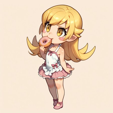 cute , Oshino_Shinobu , yellow_eyes, blonde_hair, long_hair, flat_chest, pointy_ears, blush_stickers, white_dress , Chibi , eating donut , full body , 
zPDXL3 , score_9 , score_8 , score_7 , score_6_up , highly detailed , high quality , high res , masterpiece, quality highlights, 8k detail, ultra-detailed,