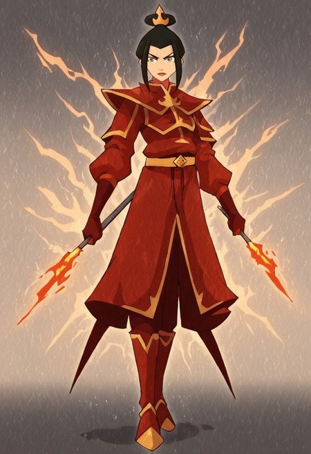 Azula, the fierce and cunning firebender, stands confidently at the center of the scene, wielding a bolt of lightning in her hand. Her eyes are sharp and intense, reflecting her unwavering determination and strategic mind. She is dressed in her traditional Fire Nation armor, which glows with shades of deep red and black, accented by golden details. Her long, dark hair flows behind her like a trail of smoke, subtly moving as if stirred by an unseen breeze. The background is a dramatic, volcanic landscape under a blood-red sky, with molten lava flowing across jagged rocks and plumes of dark smoke rising into the air. Blue flames dance around her, highlighting her unique firebending abilities and adding a contrasting, electric blue hue to the predominantly warm color palette. The atmosphere is charged with tension and raw power, as Azula embodies the dangerous and unpredictable force of fire and lightning. Her stance is both regal and intimidating, conveying a sense of control and command over the elements she wields. The image should be rendered in maximum ultra-high-definition quality, with detailed textures and ultra-realistic lighting to capture the glow of the flames, the sharpness of the lightning, and the intensity of the scene. The special effects should emphasize the crackling energy of the lightning and the heat of the flames, creating a dynamic 8K high-definition image with realistic lighting to enhance the dramatic and powerful atmosphere.