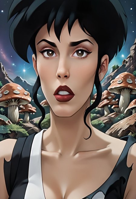 SCORE_9, SCORE_8_UP, SOURCE_FURRY, REALISTIC, SOLO, 1 FEMALE, BREAK, KERRIE STRAIN, BLACK HAIR, BROWN EYES, LIPSTICK, TORN DRESS, BELT, BOOTS, FULL BODY, SEXUALLY SUGGESTIVE, NIPPLE BULGE, BREAK, CLOSE-UP, SCI FI, BOG, MUSHROOM TREES, OUTER SPACE, DISTANT STARS, HIGH RESOLUTION, VIVID TEXTURES, DETAILED PUPILS