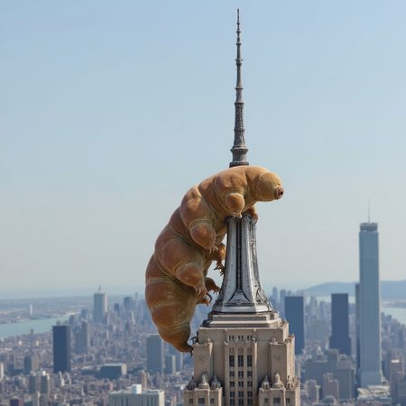 A giant tardigrade clinging to the spire on the top of the Empire State Building as it climbs, side view