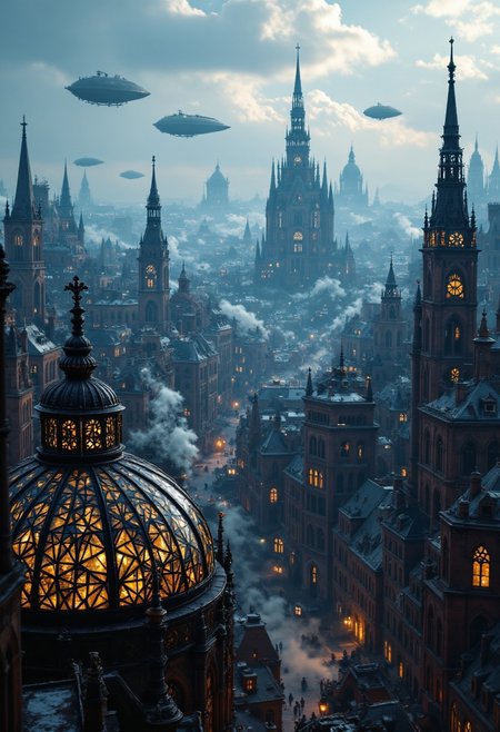 depicting a sprawling, fantastical cityscape with a steampunk aesthetic. The layout is a wide panoramic view showcasing a dense array of intricately designed buildings with pointed spires, domes, and elaborate architectural details. The structures are predominantly dark with hints of blue and bronze, creating a moody atmosphere. In the sky, several airships float among the clouds, adding to the steampunk theme. The city is bathed in a soft, diffused light, suggesting either dawn or dusk, with a warm glow emanating from windows and streetlights. Smoke rises from chimneys, contributing to the industrial feel. The foreground features a large, ornate dome with intricate patterns, while the background reveals a vast city stretching into the distance, with towering buildings silhouetted against the sky. The overall scene is rich in detail, evoking a sense of wonder and adventure. aidmafluxproultra