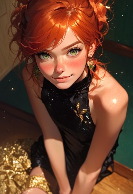 masterpiece,best quality, highly detailed, score_9, score_8_up, score_7_up, score_6_up, source_cartoon,
BREAK,
1girl, Mary Jane, Marvel, green eyes, orange hair, freckles, 1girl, blush, looking at viewer, short dress, mini black dress, glitter on black dress, sparkling dress, bare shoulders, dynamic angle, arms behind body, slightly smile, full figure, depth of field, Ball background, earrings, night, indoors, gala background, gala, Aristocratic Soirée, Elite Gathering people background, Semi-realism, closed mouth, bokeh