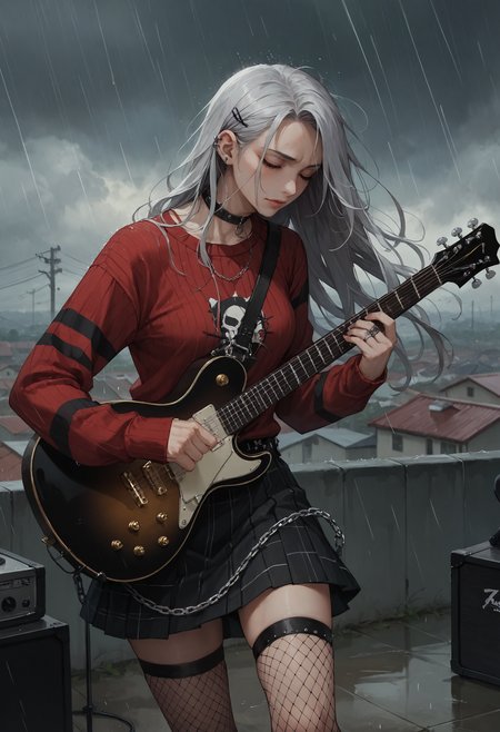 score_9, score_8_up, score_7_up, score_6_up, score_5_up, score_4_up, source_anime, high res image, masterpiece, best quality, 1girl, solo, <lora:Kazuki Dora V2:0.8> Kazuki, silver hair, long hair, closed eyes, head down, concentrating, furrowed brow, rain, overcast, downpour, depth of field, rooftop, <lora:StS_age_slider_v1_initial_release:2> <lora:Concept Art Twilight Style SDXL_LoRA_Pony Diffusion V6 XL:0.8> concept art, <lora:electric_guitar___playing_instrument:1> playing_instrument, electric_guitar, HDA_EmoFashionXL,