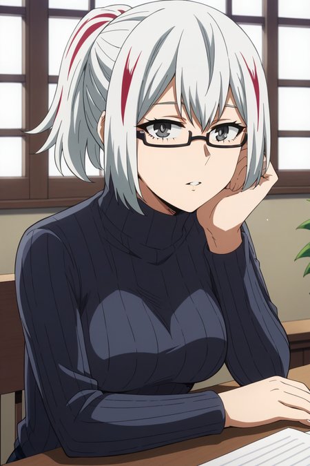 score_9, score_8_up, score_7_up, source_anime, 1girl, prefect lighting, very aesthetic, intricate details, highly detailed background, masterpiece, high quality, prefect hands, best quality, solo,
<lora:Fuyumi_Todoroki_MHA_V1:.85>, KJOfuyumi, medium hair, streaked hair, multicolored hair, two-tone hair, white hair, grey eyes, semi-rimless eyewear, ponytail, 
turtleneck sweater, jeans, 
desk, sitting, head rest, expressionless, parted lips, looking at viewer, POV, pov across table, 
living room, window, sunny, 
(Beautiful, medium Breasts:1.2), natural breasts,